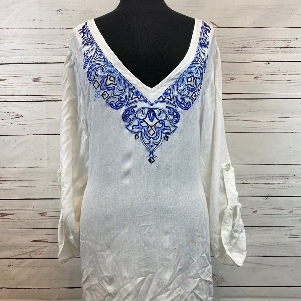 Karen Kane Rolled Sleeve Boho White & Blue Top 2X